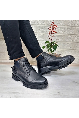 M.P 4201 Siyah Hakiki Deri Bağacaklı Fermuarlı Fuspetli Erkek Bot 001