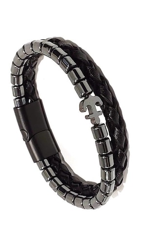 Çıpa Figürlü Hematit Doğaltaş&%100 Deri Siyah Erkek Bileklik 21cm Siyah