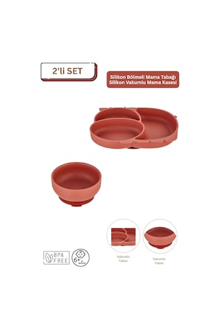 2'li Silikon Bebek Beslenme Seti / Bölmeli Mama Tabağı / Mama Kasesi - Kiremit Rengi Kiremit
