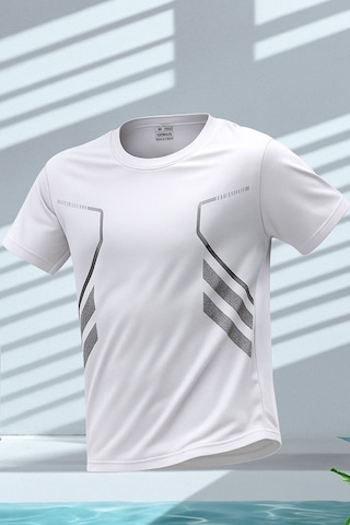 Genius Store Erkek Spor Tişört Antreman Gym Polyester Erkek Sporcu T-shirt Şeritli-tişört Beyaz
