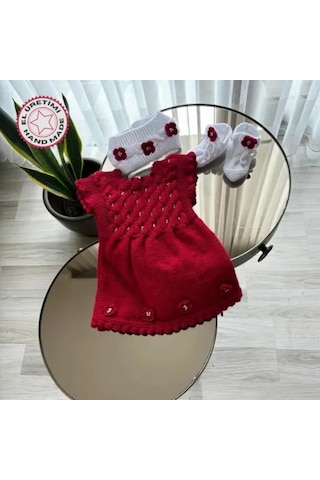 Uretti - Talia 8659 - 8853 El Örgüsü Kız Çocuk Elbise - Bandana - Patik Üçlü Takım - 0 / 9 Ay Kırımızı - Beyaz