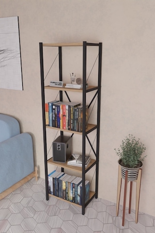 5 Dar Raflı Metal Kitaplık Dekoratif Çok Amaçlı Raf Atlantik Çam