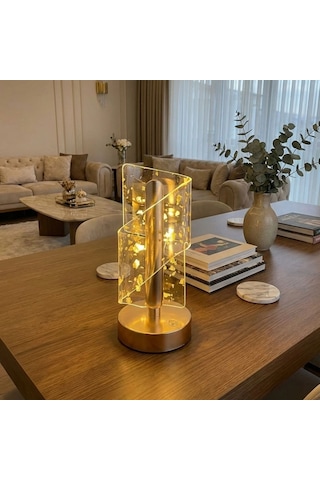 Buffer Çapraz Kavisli Kristal Altın Toz Model Led Masa Lambası Gold Gövdeli, Dokunmatik, 3 Kademe Işık Ayarlı Şarjlı Beyaz