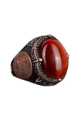 El Yapımı Sterlin Gümüş Yüzük İle Doğal Karnelyan Taşı Ve Süleyman Yıldızı Sembolü Gümüş