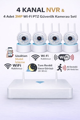 Apronx Ds440 4 Kanal Nvr + 3mp 4 Kamera Full Color Mik. Ptz Wifi Setapronx Ds440 4 Kanal Nvr + 3mp 4 Kamera Full Color Mik. Ptz Wifi Set