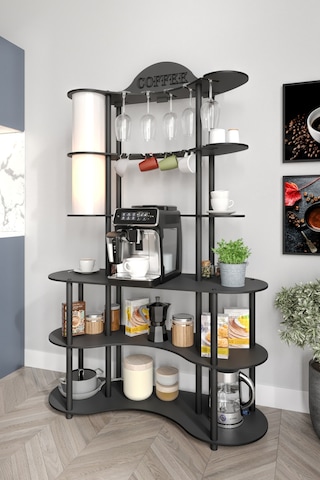 Brew-blıss Mutlu Kahve Köşesi-çok Amaçlı Mutfak Rafı Siyah-lambader Aydınlatmalı Siyah