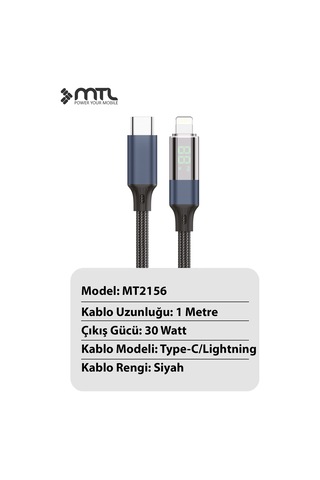 30w Pd Type-c To Apple Uyumlu iPhone Lightning Dijital Watt Göstergeli Hızlı Şarj Kablosu 1 Metre Siyah Mt2156