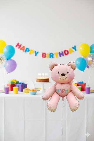 51x54 Cm Oturan Ayı Pembe Folyo Balon - Doğum Günü Parti Dekorasyon Balonu Çok Renkli