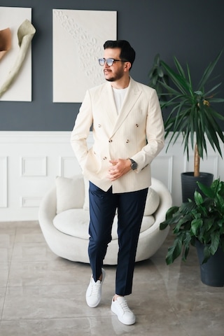 Avni Ceylan Gofre Kumaş İtalyan Stil Slim Fit Kruvaze Erkek Ceket Special Edition Krem