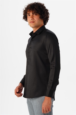Süvari Siyah Slim Fit Armürlü Klasik Yaka Gömlek