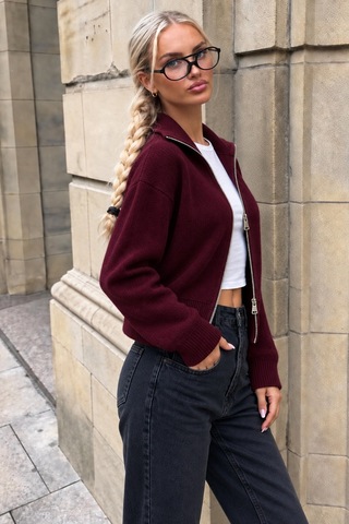 Cool Tarz Kadın Stardart Beden Çift Fermuarlı Dik Yaka Crop Triko Hırka Bordo Bordo