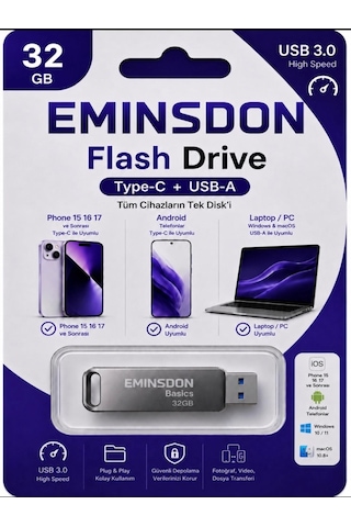 32gb Flash Bellek Android Iphone15 Ve Sonrası Type-c Telefon Bilgisayar Tablet Uyumlu Usb3.0 Usb & Type-c