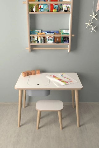 Çocuk Oyun Etkinlik Çalışma Masası Sepetli Ahşap Mdf Masa Takımı Beyaz-gri Beyaz - Gri
