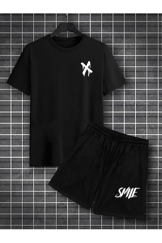 X Smile T-shirt Şort - Siyah Alt Üst Kombin Şort Tişört Takım Baskılı Oversize Bisiklet Yaka Siyah