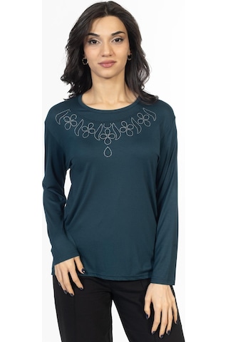 Yeni Model Taş İşlemeli Yuvarlak Yaka Likralı Anne Penye Bluz 6435-zümrüt Yeşili