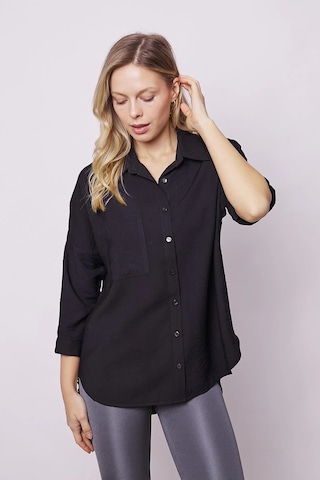 Kadın Keten Görünümlü Kolu Katlanabilir Rahat Kesim Uzun Tunik Gömlek-siyah Siyah