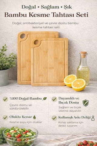 Vıvaluxe 2 Li Bambu Kesme Tahtası Seti, Doğal Ve Dayanıklı Ahşap Mutfak Panosu, Bıçak Dostu Yüz