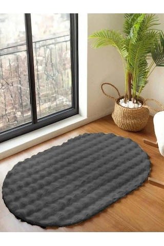 Raschel Carpet Koyu Gri Yumuşak Bubble Kaymaz Özel Taban Oval Peluş Halı Yolluk
