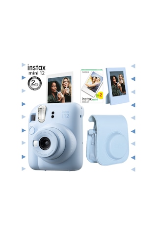 Fujifilm Instax Mini 12 Fotoğraf Makinesi + 20'li Film + Çerçeve + Deri Kılıf Seti Mavi