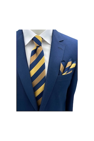 Brianze Sarı Gold Lacivert Çizgili Kravat Mendil Set 83742476