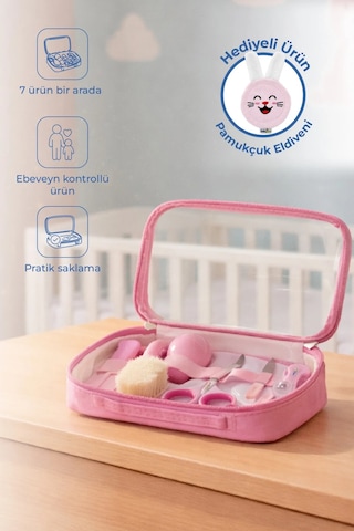 Babyjem Bebek Bakım Bakım Seti Mavi 7 Parça Pembe + Pamukçuk Eldiveni Pembe Hediyeli