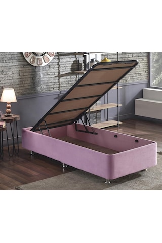 Nironyatak Pinky Baza - 90X190 Cm Tek Kişilik Sandıklı Pembe Kumaş Özel Baza