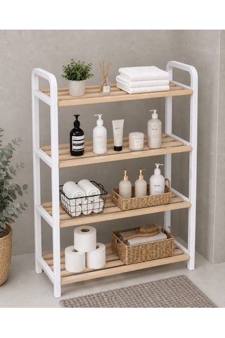 Ahşap Banyo Düzenleyici Lüks 70 Cm Banyo Rafı, Banyo Dolabı, Plastik Çerçeveli Çok Amaçlı Raf 4 Katlı Düzenleyici Beyaz