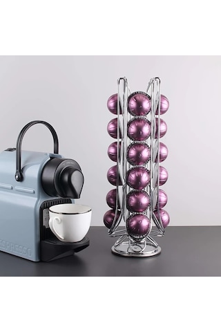 Elmpaly Gümüş Döner Kahve Kapsülü Saklama Rafı 24 Vertuo Kapsül Kapasiteli Gümüş