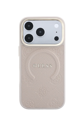 Apple iPhone Uyumlu 18 Pro Max Kılıf Guess Lisanslı M-safeli Yazı Logolu C-magnet Pu Deri Peony Kapak Pembe