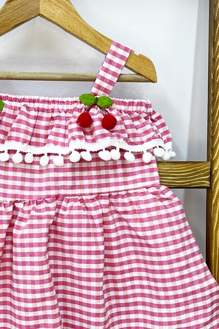 Kız Çocuk Askılı Elbise Dantelli Ekose Desenli B14 Pembe