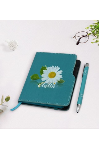 Kişiye Özel Papatya Temalı Turkuaz Termo Deri Defter Kalem Seti-4