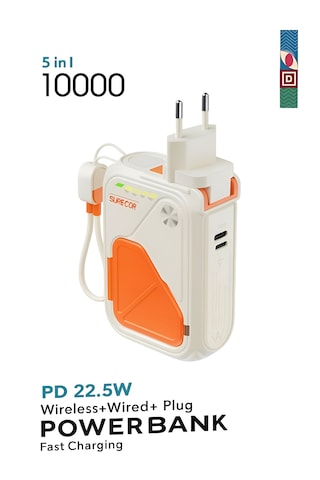 5'in 1 Pd 22.5w Hızlı Şarj Powerbank - 10000mah, Kablolu Ve Kablosuz Standlı Çoklu Fişli Şarj Cihazı Bej
