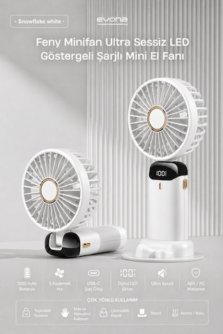 Feny Taşınabilir El Fanı, 5 Kademeli Soğutma, Dijital Göstergeli Mini Fan