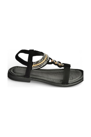 Fox Shoes Y274601309 Siyah Düz Tabanlı Taş Detaylı Kadın Sandalet Siyah
