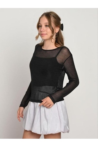 Kız Çocuk İç Bodyli Örme File Tasarım Bluz-16573 Siyah