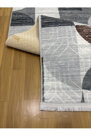 Kaymaz Taban Saçaklı Gri Kahve Modern Yıkanabilir Salon Mutfak Koridor Yolluk Halı Kahve - Gri