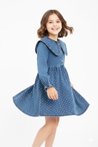 Kız Çocuk Taş Süslemeli Ve 3 Düğme Kapatmalı Jean Elbise 12444 İndigo