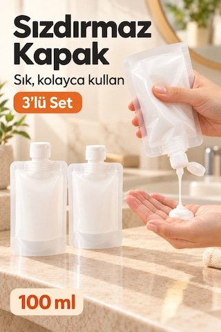 Doldurulabilir Seyahat Torbası Şişe Seti Sızdırmaz Silikon Kozmetik Kabı 100ml 3'lü Beyaz