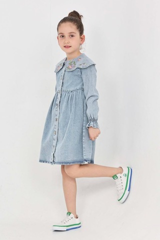 Kız Çocuk Yaka Detaylı Ve Boydan Düğmeli Jean Elbise 12339 Açık Mavi