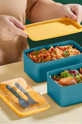 Mega Boy 2 Katlı Yemek Saklama Kabı 2 Litre - Kendinden Çatal Kaşık Servisli Lunch Box Set Yeşil