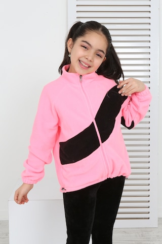 Toontoy Kız Çocuk Dik Yaka Fermuarlı Renk Bloklu Reglan Kol Polar Hırka - Beli Ayarlanabilir Lastikli Pembe