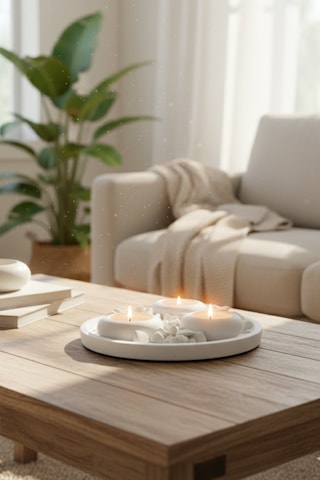 Dekoratif Mumluk Seti - 20 Cm Tepsi + 3 Lü Yuvarlak Mumluk - Mum Hediyeli Beyaz