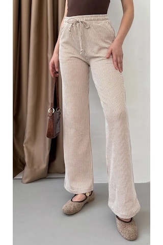 Yandan Cepli Beli Bağcıklı Su Yolu Kadın Çizgili Pantolon Kahverengi