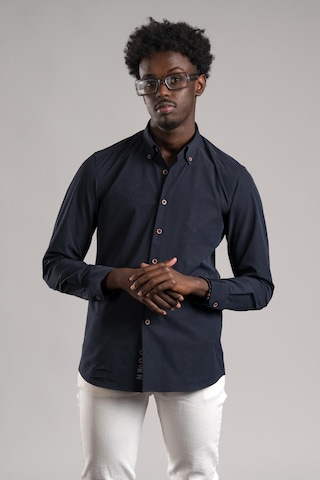 Dorss Yaka Düğmeli Gofre İnce Fitilli Pamuklu Yazlık Slimfit Gömlek Lacivert