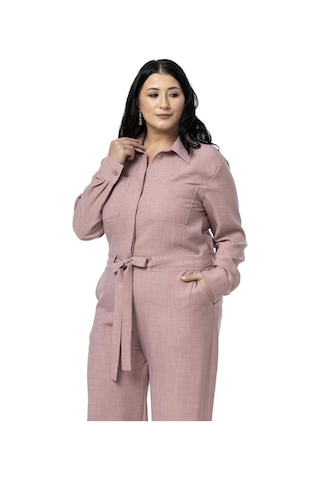 Büyük Beden Beli Tünelli Ve Arkadan Lastikli Geniş Paça Pembe Tulum Pembe