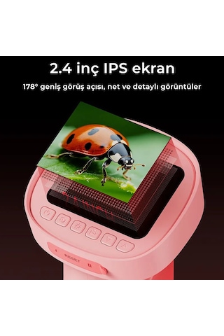 395 Pembe Taşınabilir Dijital Çocuk Mikroskobu - 2.4 İnç Ips Ekranlı, 1080p Full Hd, 1000x Zoom, 8 Led Işıklı Eğitici Bilim Kiti