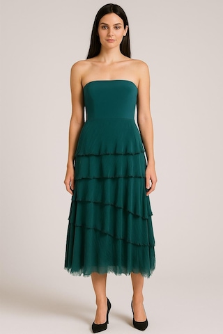 İtalyan 2 Beden Ince Gösteren Kat Kat Ipek Etek & Straplez Elbise Zümrüt Yeşili