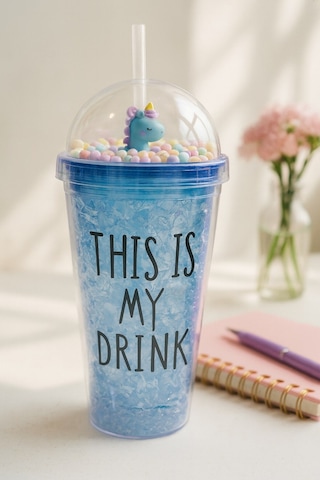 Sevimli Renkli Boncuklu Çılgın This İs My Drink Tasarım Pipetli İçecek Bardağı Suluk Lacivert 2742 Çok Renkli