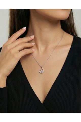 925 Ayar Gümüş Rodyum Kaplama Zirkon Taşlı Minimal Yıldız Dizilimli Kalp Kolye-küpe 2'li Set Gümüş