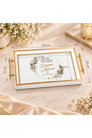 Bk Gift Kişiye Özel Beyaz&gold Söz Nişan Tepsisi-5 - 39x23 Cm Çok Renkli